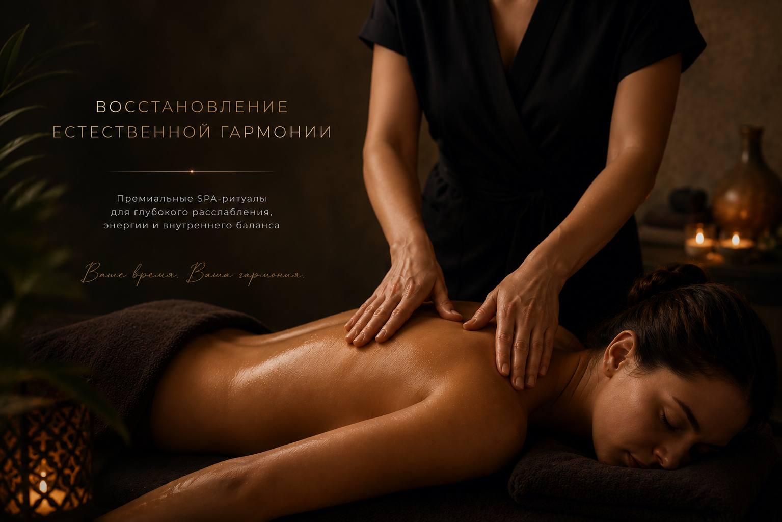 Интерьер и атмосфера авторского SPA-ритуала «Энергопластика»: камерный полумрак, мягкий свет и ощущение личного времени для восстановления.